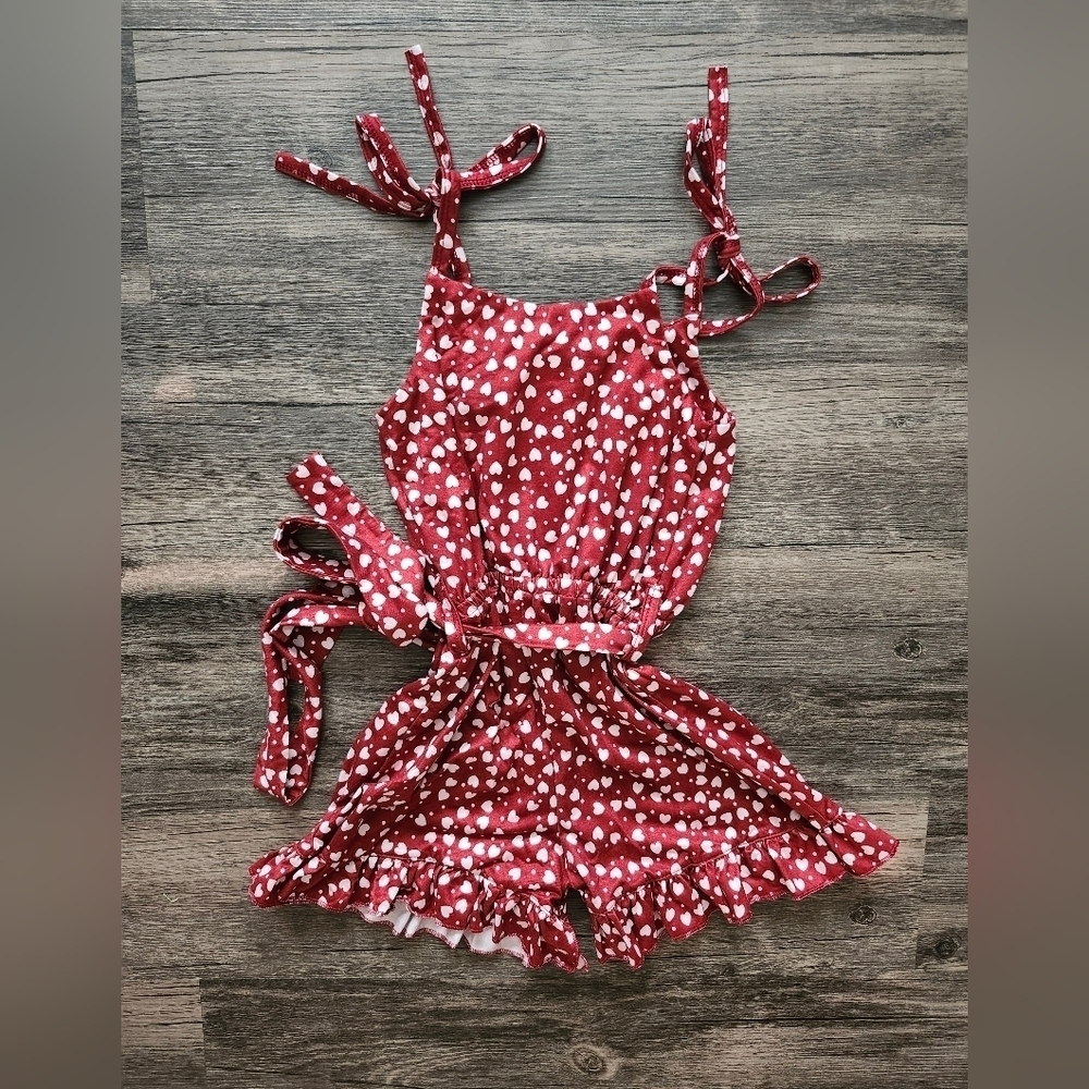 Bailey's Blossoms Red and White Heart Print Romper with Ruffled Details - Picture 5 of 6